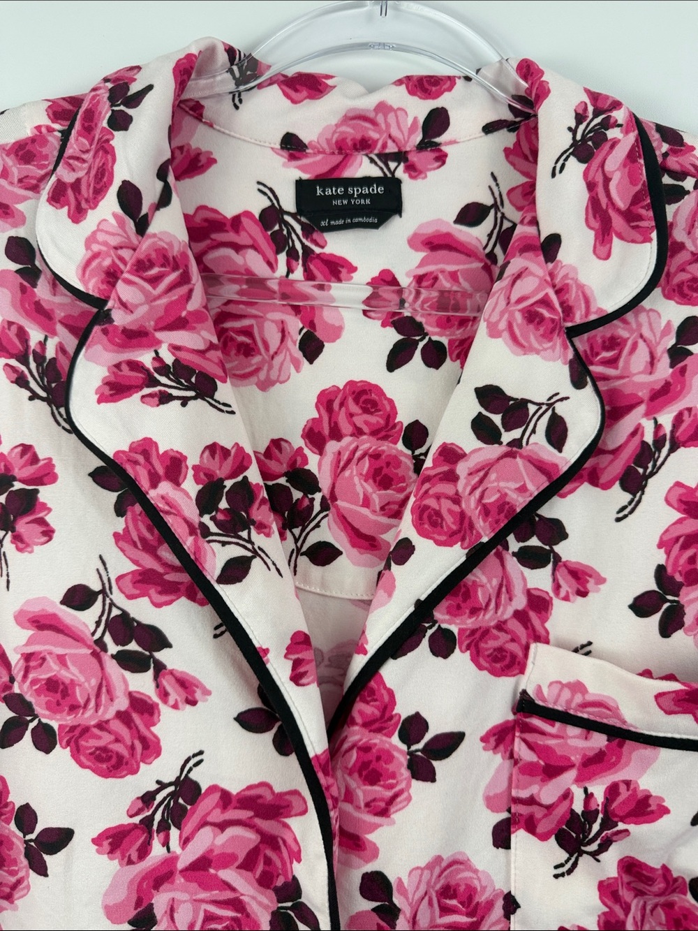 Kate Spade Pink Rose Floral Pajama Set Black Trim XL - Picture 7 of 11